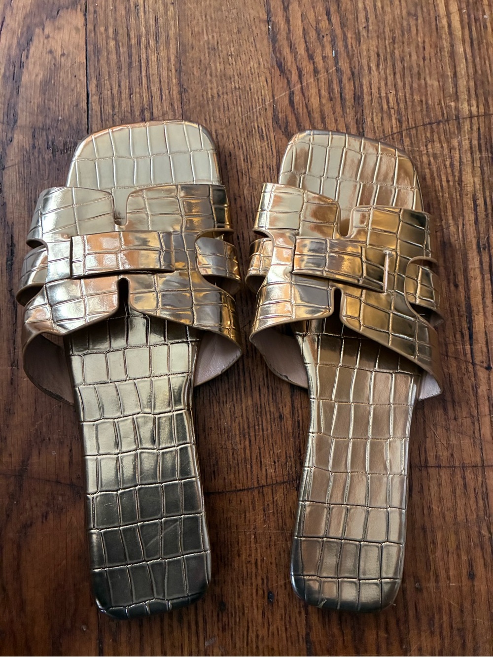 Gold Croc-Embossed Slide Sandals